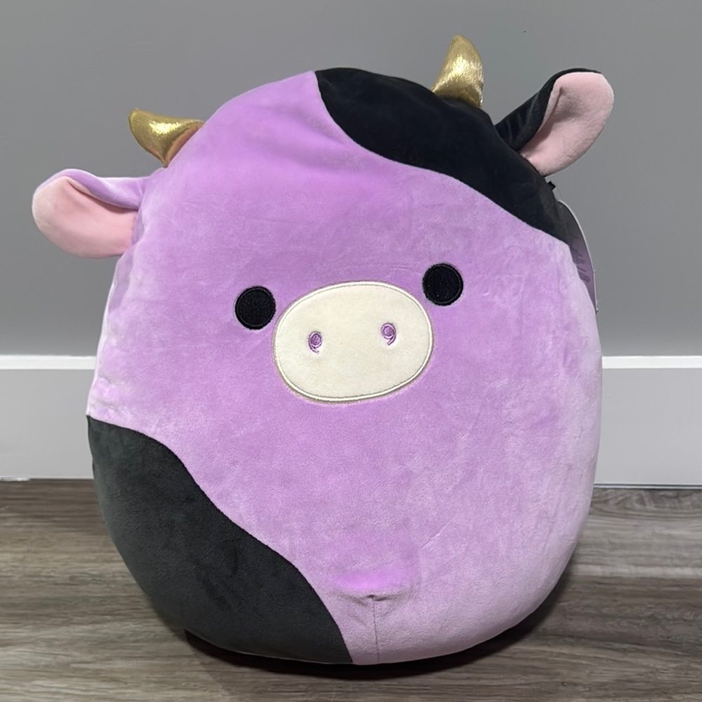 New Squishmallows Alexie Purple & Black Cow with Gold Horns